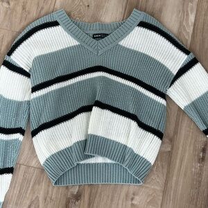 SHEIN Green and White V-Neck Sweater with Stripes